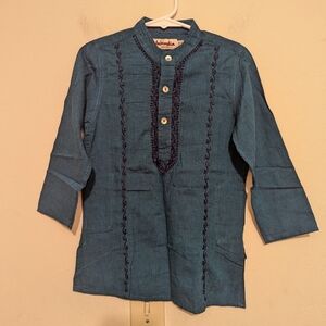 Fabindia Blue Long Sleeve Shirt With Details And Pockets Size 2 To 3 Years
